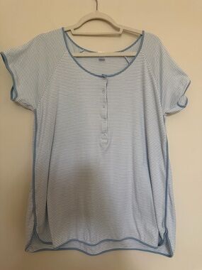 LAKE Blue White Stripe Snap Front Short Sleeve Pima Cotton Pajama Top - Large